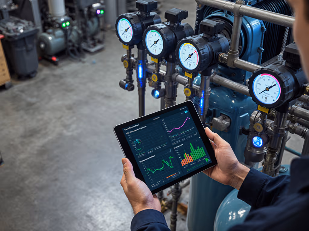workshop_showing_iot_sensors_connected_to_air_compressor_with_data_displayed_on_tablet